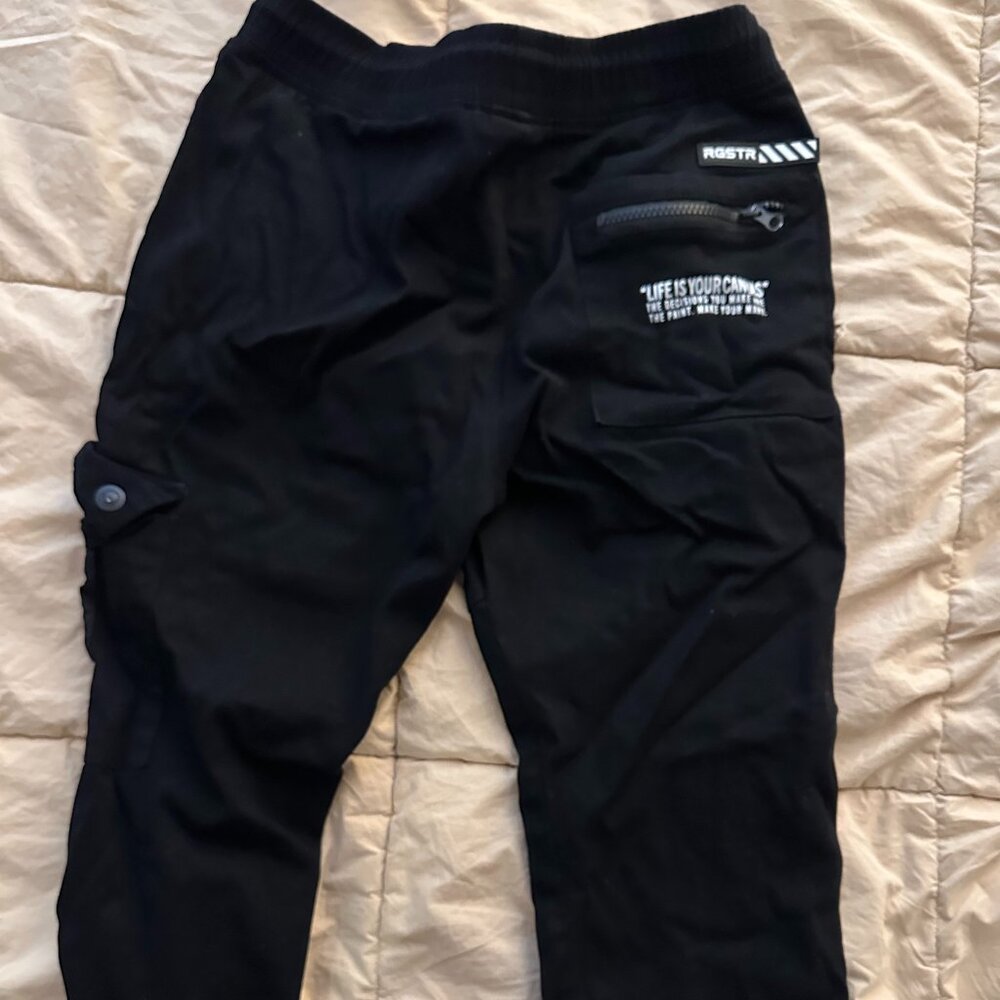 RGSTR Size Large Streetwear Pants with Writing on Sides and Embossed Stamp(s)